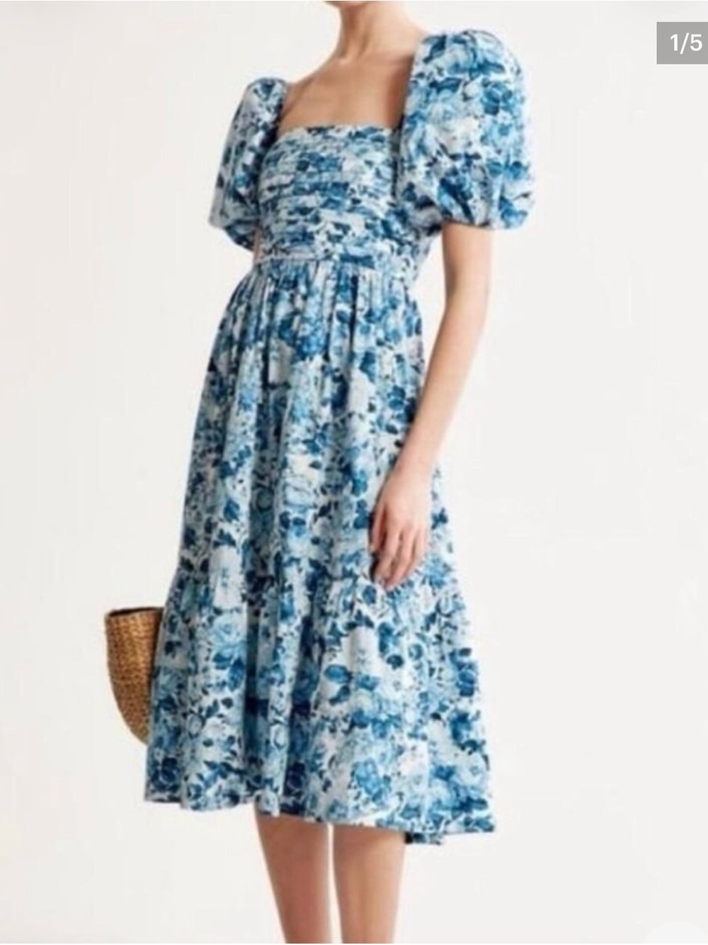 Abercrombie & Fitch Emerson Midi Blue Floral Puff-Sleeve Dress - Women XS